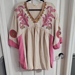 Easel Pink and Cream Embroidered Oversized Tunic